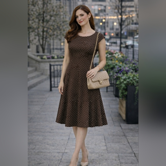 Jones New York Dresses & Skirts - Jones New York Swing Dress Size 8 Polka Dot Brown Short Sleeve  Stretch.